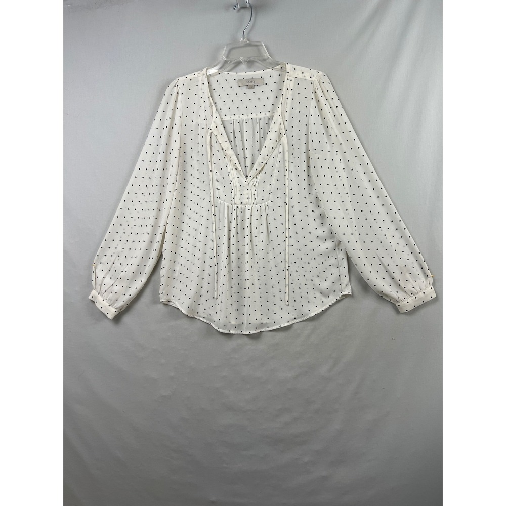 LOFT Blouse Womens Small White Polka Dot V-Neck Tie Long Sleeve Peasant Top - Picture 1 of 8